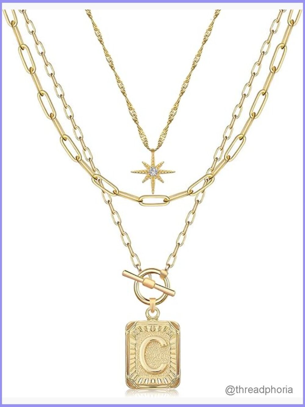 Layered Initial Choker Necklace Set, 14K Gold Plated Paperclip Chain, Square